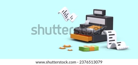 Cash register, receipt, coins, banknotes. Virtual cash register. 3D color vector illustration, place for text. Concept of financial reporting. Electronic receipt