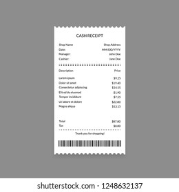 Cash Register Receipt on a Grey Background Payment Finance Document from Retail Store or Shop. Vector illustration