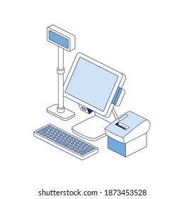 Cash register, receipt printer, computer screen. Vector 3d line isometric, color web icons, new flat style. Creative illustration, idea for infographics.