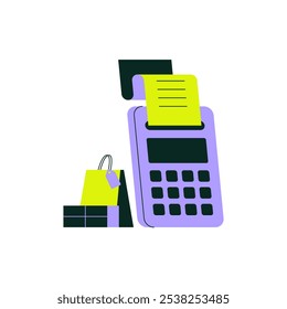 Caixa Registradora com Recibo e Saco de Compras na Ilustração de Vetor Plano Simbolizando Varejo, Finanças e Transação, Isolado no Fundo Branco