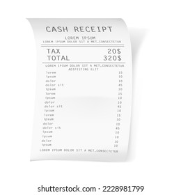 Cash register sale receipt, print on paper with tax and total sum. Realistic financial atm transaction check icon. Cash receipt from cafe or supermarket