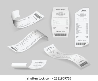 Cash register sale receipt printed on thermal rolled paper. Realistic collection isolated on transparent background. Financial atm transaction check icon set. 3d vector illustration