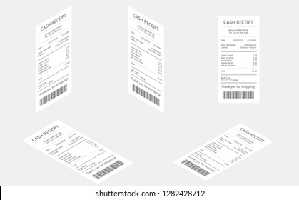 Cash register sales receipts printed on thermal rolled paper. Sales printed receipt. Bill atm template, cafe or restaurant paper financial check. Paper check and financial check isolated.