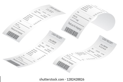 Cash Register Sales Receipts Printed On Thermal Rolled Paper. Sales Printed Receipt. Bill Atm Template, Cafe Or Restaurant Paper Financial Check. Paper Check And Financial Check Isolated.