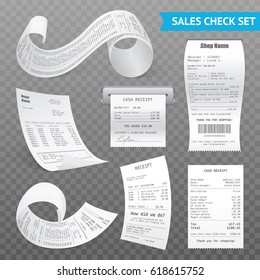 Cash register sales receipts printed on thermal rolled paper realistic images collection on transparent background vector illustrations