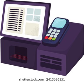Cash register with screen and card payment terminal at checkout vector illustration. Retail POS system and financial transaction.