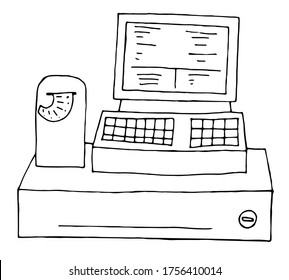 cash register with a screen and a keyboard in the store, vector element in doodle style, black outline