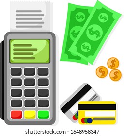 Cash register set with credit cards and cash on a white background.