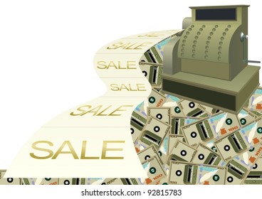 Cash register and cash register tape with the inscription on the background of banknotes.