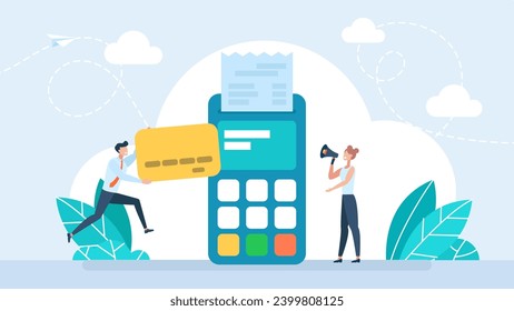 Cash register terminal purchase checkout, sales outlet with buyer. Banking payment cashier services. POS Terminal, debit credit card. Terminal for cashier employee in store. Vector illustration