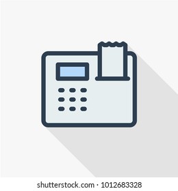 cash register thin line flat color icon. Linear vector illustration. Pictogram isolated on white background. Colorful long shadow design.