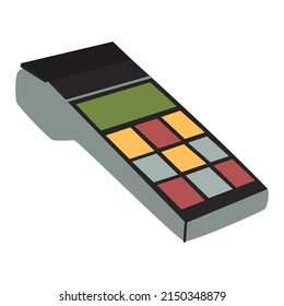 Cash register with touch screen. Terminal for card reading and issuance of a purchase receipt. Shopping,  Contactless payment online and financial concept. Flat style in vector illustration. Isolated