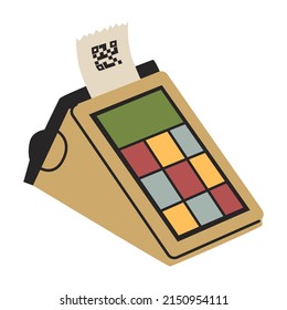 Cash register with touch screen. Terminal for card reading and issuance of a purchase receipt. Shopping,  Contactless payment online and financial concept. Flat style in vector illustration. Isolated