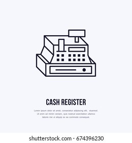 Cash register vector flat line icons. Retail store supplies, trade shop equipment sign. 