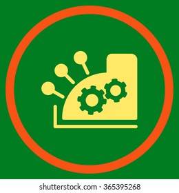 Cash Register vector icon. Style is bicolor flat circled symbol, orange and yellow colors, rounded angles, green background.