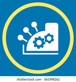 Cash Register vector icon. Style is bicolor flat circled symbol, yellow and white colors, rounded angles, blue background.