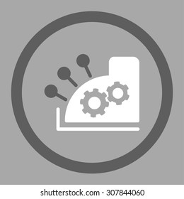 Cash register vector icon. This rounded flat symbol is drawn with dark gray and white colors on a silver background.