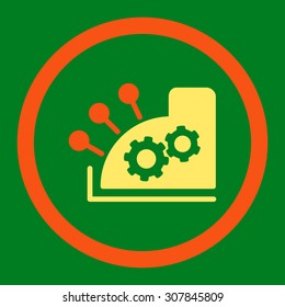 Cash register vector icon. This rounded flat symbol is drawn with orange and yellow colors on a green background.