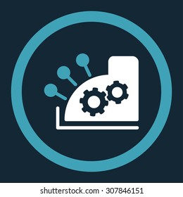 Cash register vector icon. This rounded flat symbol is drawn with blue and white colors on a dark blue background.