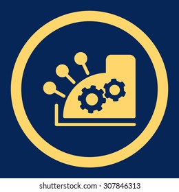 Cash register vector icon. This rounded flat symbol is drawn with yellow color on a blue background.