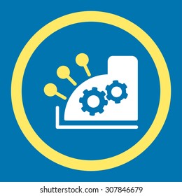 Cash register vector icon. This rounded flat symbol is drawn with yellow and white colors on a blue background.