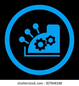 Cash register vector icon. This rounded flat symbol is drawn with blue color on a black background.