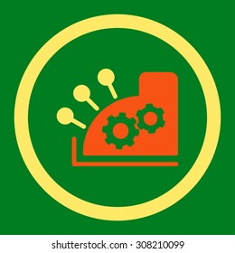 Cash register vector icon. This rounded flat symbol is drawn with orange and yellow colors on a green background.