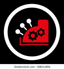 Cash register vector icon. This rounded flat symbol is drawn with red and white colors on a black background.