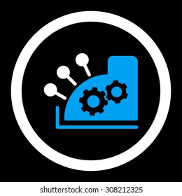 Cash register vector icon. This rounded flat symbol is drawn with blue and white colors on a black background.