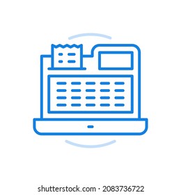 Icono de línea vectorial de registro de efectivo. Dispositivo oficial de venta al por menor. Equipo con pantalla de botones y recibo de papel.Compras y pago en cajero con recepción de nómina requerida. Dispositivo bancario electrónico.
