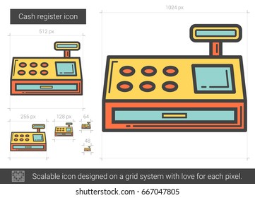 Kassenregister, Vektorsymbol einzeln auf weißem Hintergrund. Symbol für die Cash-Register-Linie für Infografik, Website oder App. Skalierbares Symbol, das auf einem Gittersystem entworfen wurde.