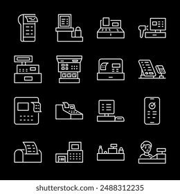 Caja registradora, iconos de línea blanca. Sistemas automatizados para el manejo de transacciones monetarias en puntos de venta. Incluye impresión de Comprobante. Símbolos sobre fondo negro. Trazo editable.