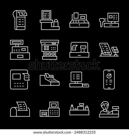 Cash register, white line icons. Automated systems for handling money transactions at points of sale. Includes receipt printing. Symbols on black background. Editable stroke.