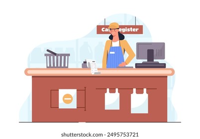 Cash register woman. Young girl at cash register stands near bar code reader. Trading and commerce. Seller at workplace. Retail and marketing. Flat vector illustration isolated on white background