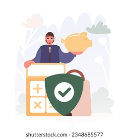 Cash related Security Guarantee. Man with Piggy Bank, Calculator, and Jokester.