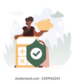 Escudo de seguridad relacionado con el efectivo. Mujer enérgica con Piggy Bank, Calculator y Jokester.