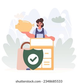 Cash related Security Shield. Enthusiastic lady with Piggy Bank, Calculator, and Jokester.