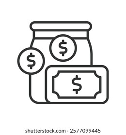 Cash reserve, icon in line design. Cash, reserve, savings, finance, emergency, money, fund on white background vector. Cash reserve editable stroke icon