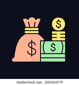 Cash RGB color icon for dark theme. Money sack. Currency or coins for goods, debt or services exchange. Isolated vector illustration on night mode background. Simple filled line drawing on black