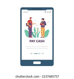 Cash safety payment in pandemic concept for onboarding page of mobile application with buyer paying for delivery with banknotes, flat vector illustration.