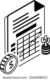 Análisis de ventas en efectivo Concepto Vector de contorno isométrico Icono Diseño , Símbolo de finanzas empresariales, Signo de tesorería y presupuesto de capital, Planificación financiera, Análisis e ilustración de acciones de control
