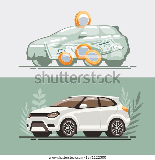 Cash savings for buying a\
car in a glass piggy bank shaped like a car. Flat illustration of a\
vehicle for buying, selling, exchanging, credit, insurance, car\
loan.