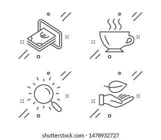 Cash, Search and Coffee line icons set. Leaf sign. Atm payment, Find document, Cappuccino. Plant care. Business set. Line cash outline icon. Vector