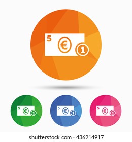 Cash sign icon. Euro Money symbol. EUR Coin and paper money. Triangular low poly button with flat icon. Vector