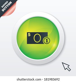 Cash sign icon. Money symbol. Coin and paper money. Green shiny button. Modern UI website button with mouse cursor pointer. Vector