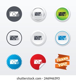 Cash sign icon. Money symbol. Coin and paper money. Circle concept buttons. Metal edging. Star and label sticker. Vector