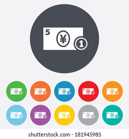 Cash sign icon. Yen Money symbol. JPY Coin and paper money. Round colourful 11 buttons. Vector