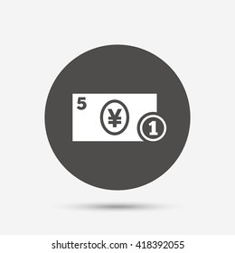 Cash sign icon. Yen Money symbol. JPY Coin and paper money. Gray circle button with icon. Vector
