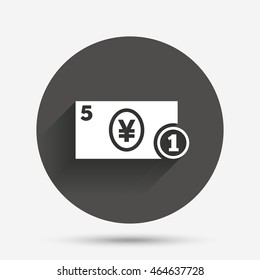 Cash sign icon. Yen Money symbol. JPY Coin and paper money. Circle flat button with shadow. Vector