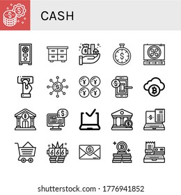 cash simple icons set. Contains such icons as Money, Safe box, Chest, Assets, Time is money, Sign, Insert coin, Dollar, Yen, Auction, Bitcoin, can be used for web, mobile and logo